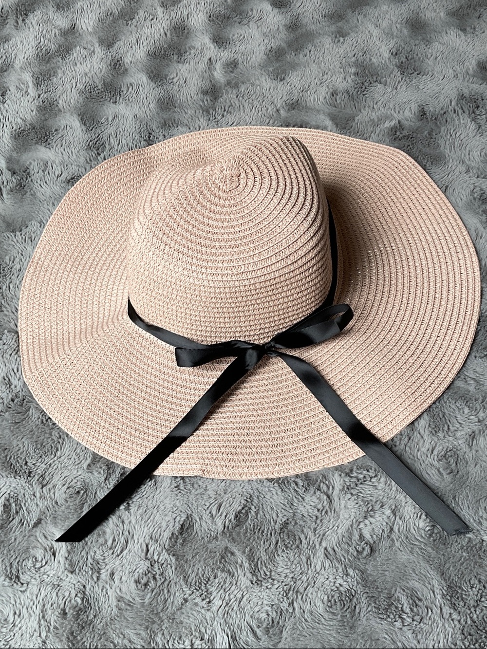 Wide Brim Straw Sun Hat with Black Ribbon - Blush Pink